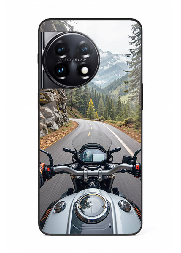 Mountain road ride perspective printed on tempered glass OnePlus 11 back cover