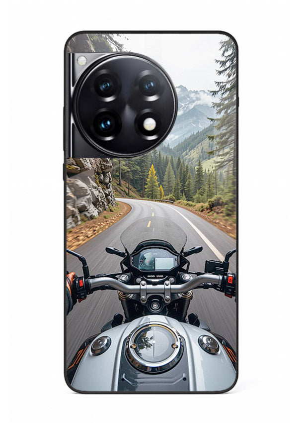 Mountain road ride perspective printed on tempered glass OnePlus 12R back cover
