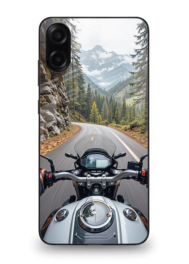 Mountain road ride perspective printed on tempered glass Samsung A06 5G back cover