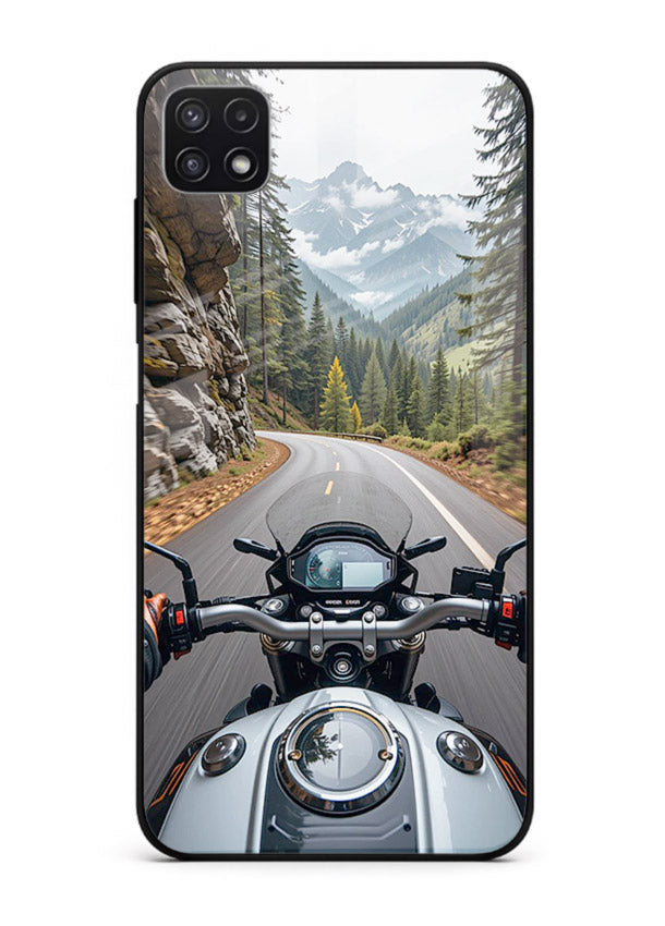 Mountain road ride perspective printed on tempered glass Samsung A22 5G back cover