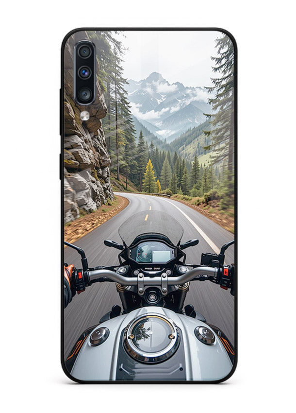 Mountain road ride perspective printed on tempered glass Samsung A70 back cover