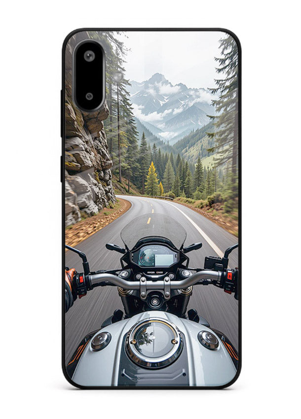 Mountain road ride perspective printed on tempered glass Samsung F06 5G back cover