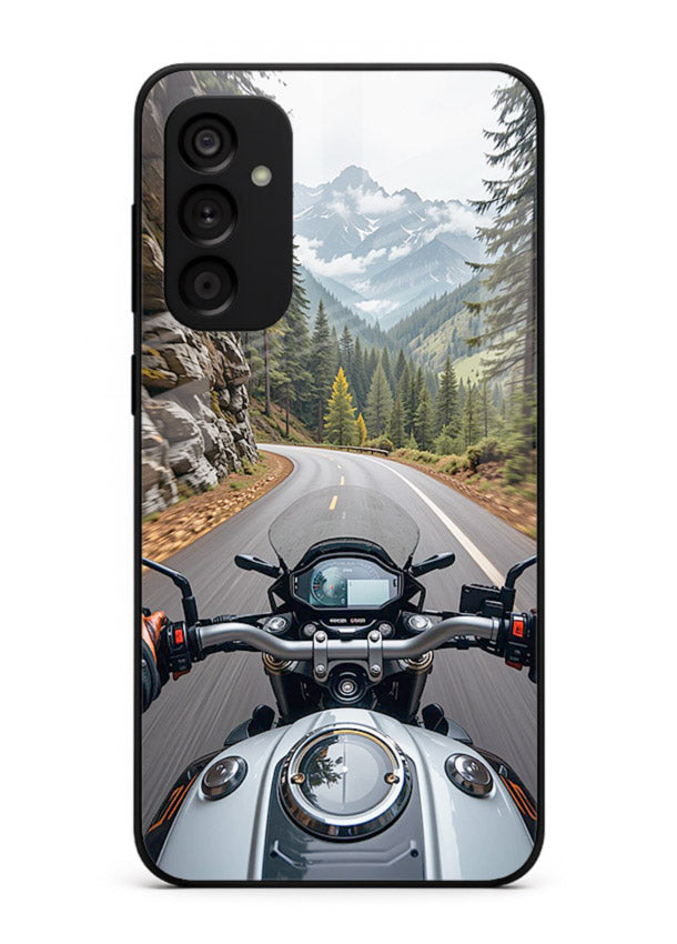 Mountain road ride perspective printed on tempered glass Samsung M14 5G back cover