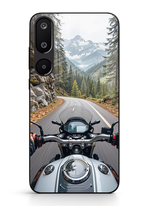 Mountain road ride perspective printed on tempered glass Samsung M16 5G back cover