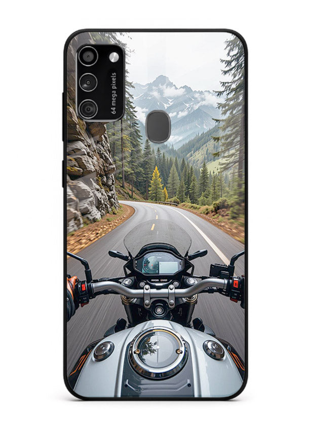Mountain road ride perspective printed on tempered glass Samsung M30s back cover