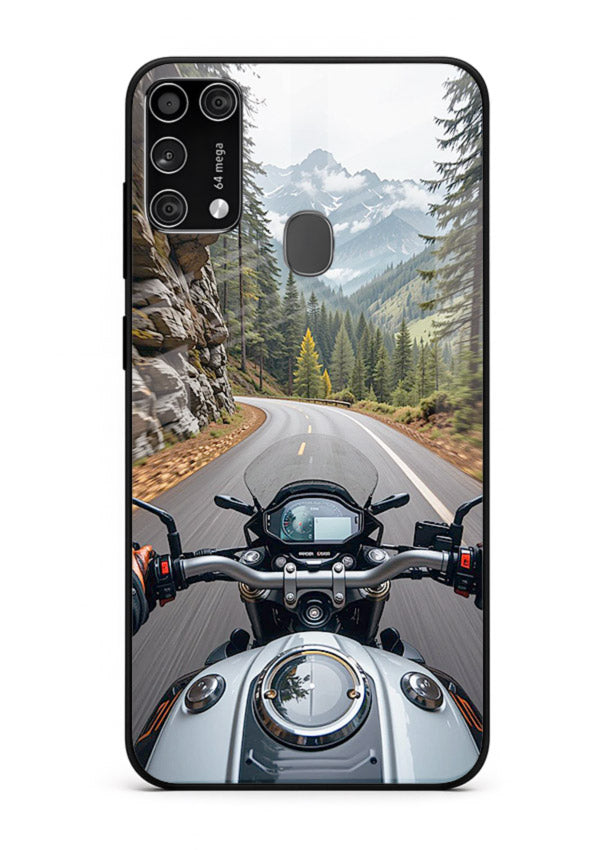 Mountain road ride perspective printed on tempered glass Samsung M31 Prime back cover