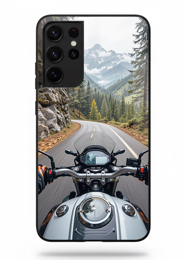 Mountain road ride perspective printed on tempered glass Samsung S21 Ultra back cover