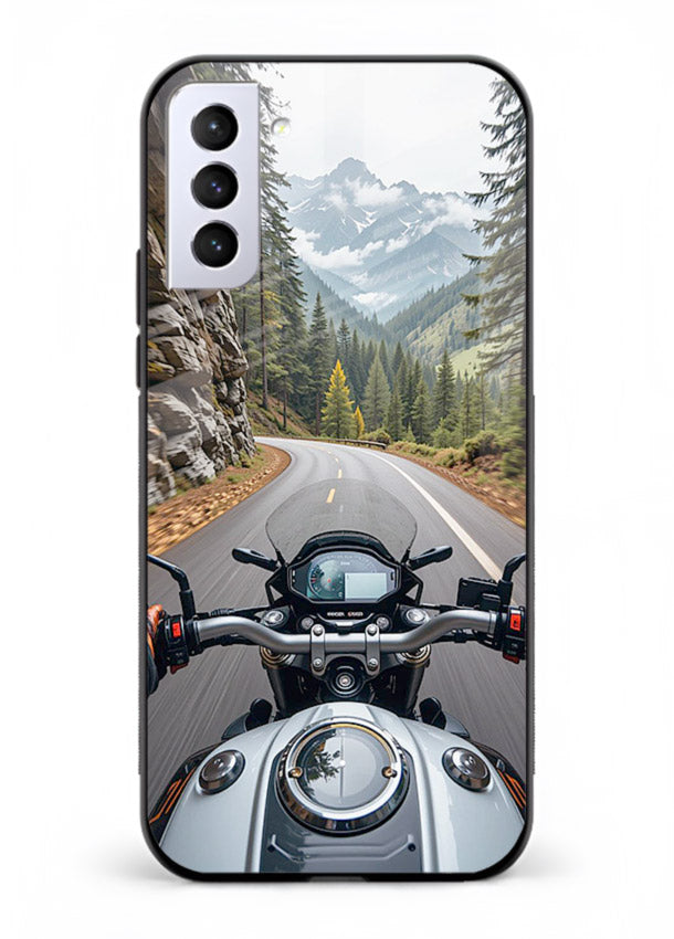 Mountain road ride perspective printed on tempered glass Samsung S21 Plus back cover