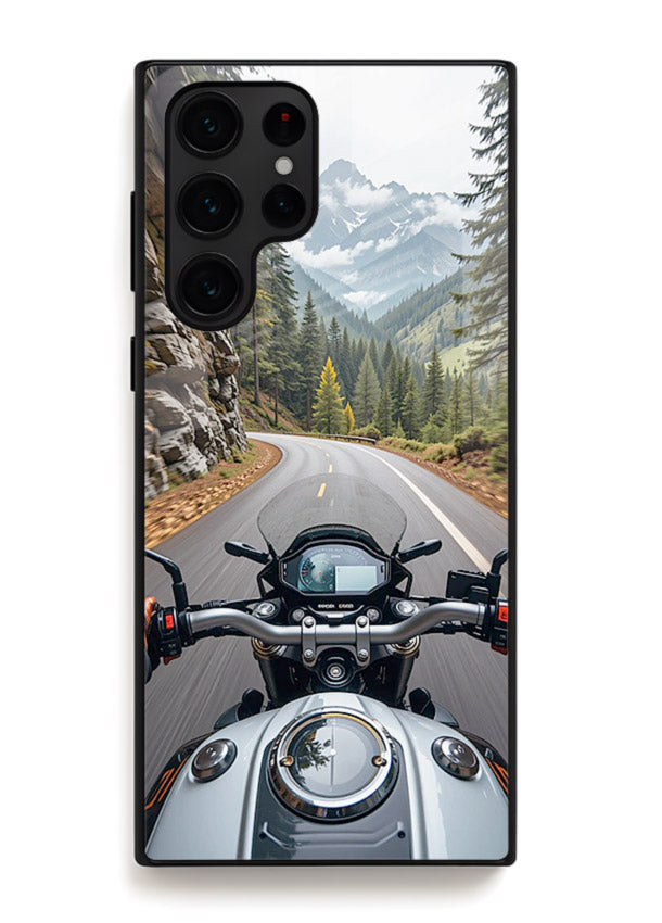 Mountain road ride perspective printed on tempered glass Samsung S24 Ultra back cover