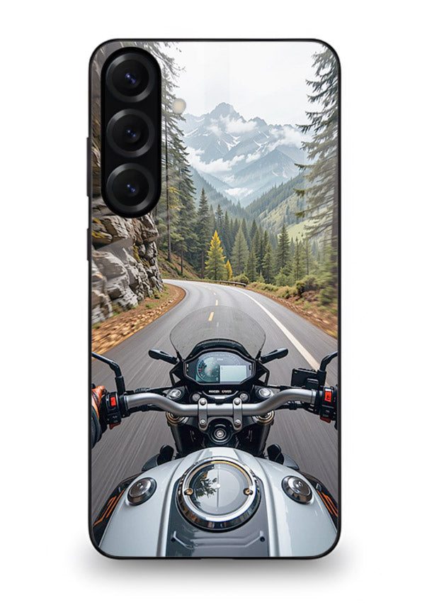 Mountain road ride perspective printed on tempered glass Samsung A54 5G back cover