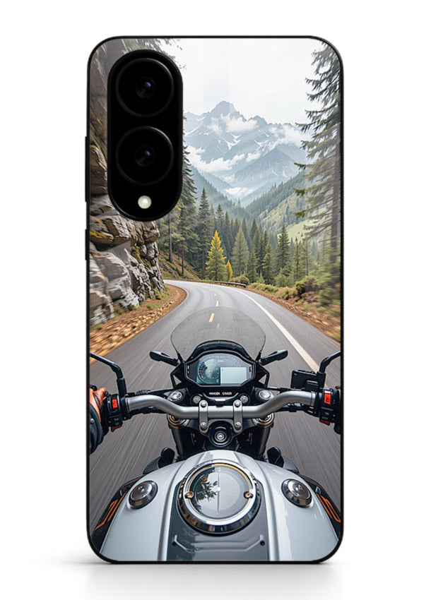 Mountain road ride perspective printed on tempered glass Samsung S25 Edge back cover
