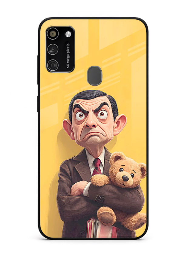 mr bean attitude cartoon art Samsung M30s glass cover funny retro character case