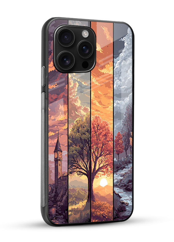 Multi-Panel Sunset aesthetic split-scene artwork glossy vibrant premium glass back cover - Angle Side