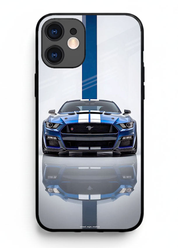 Blue Ford Mustang GT in minimal studio setup with performance styling for iPhone 12 Mini