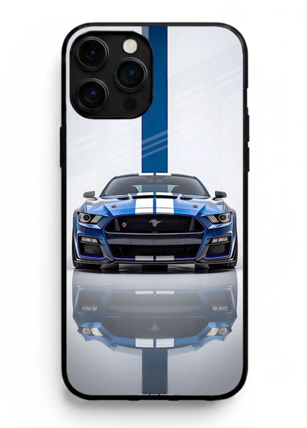 Blue Ford Mustang GT in minimal studio setup with performance styling for iPhone 16 Pro Max