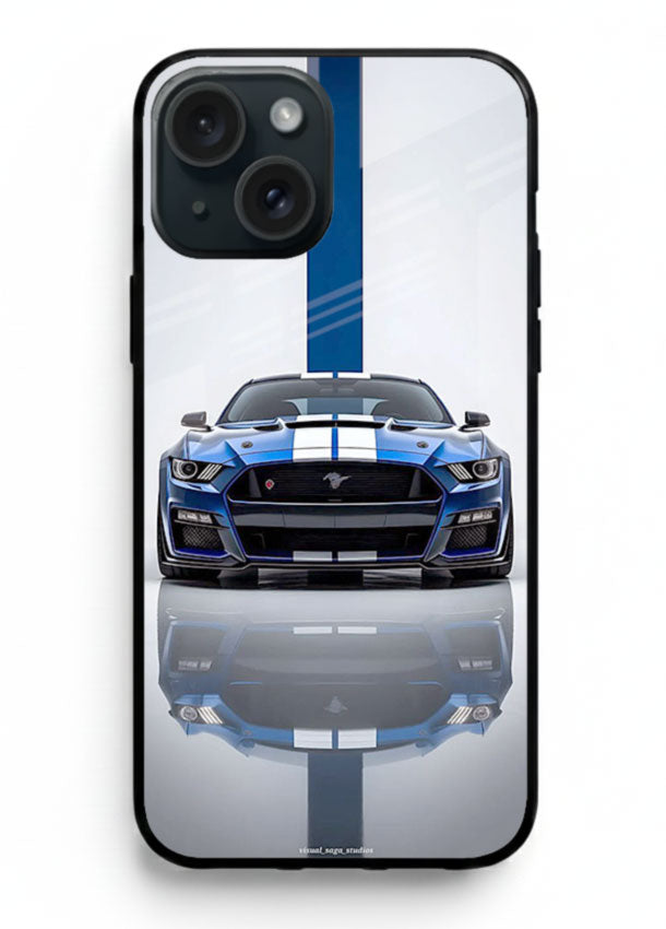 Blue Ford Mustang GT in minimal studio setup with performance styling for iPhone 15 Plus