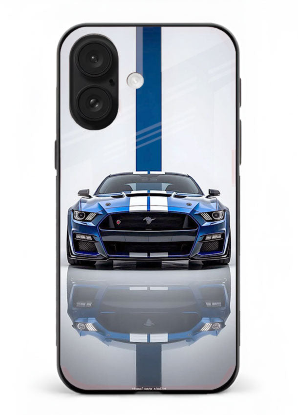Blue Ford Mustang GT in minimal studio setup with performance styling for iPhone 18