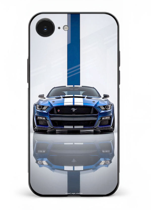 Blue Ford Mustang GT in minimal studio setup with performance styling for iPhone 16E