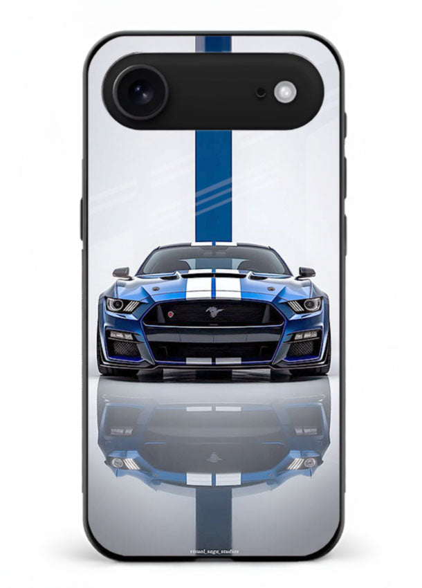 Blue Ford Mustang GT in minimal studio setup with performance styling for iPhone 18 Air