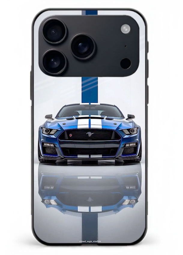 Blue Ford Mustang GT in minimal studio setup with performance styling for iPhone 18 Pro Max