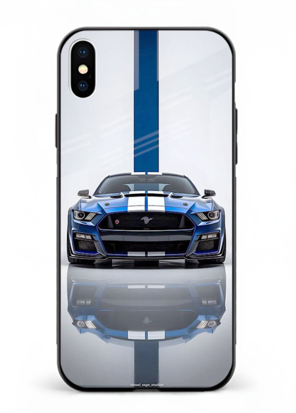 Blue Ford Mustang GT in minimal studio setup with performance styling for iPhone XS Max
