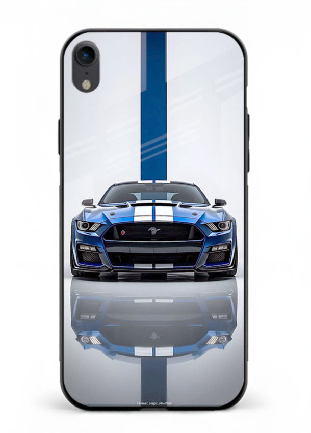 Blue Ford Mustang GT in minimal studio setup with performance styling for iPhone XR
