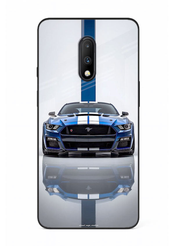 Blue Ford Mustang GT in minimal studio setup with performance styling for OnePlus 7