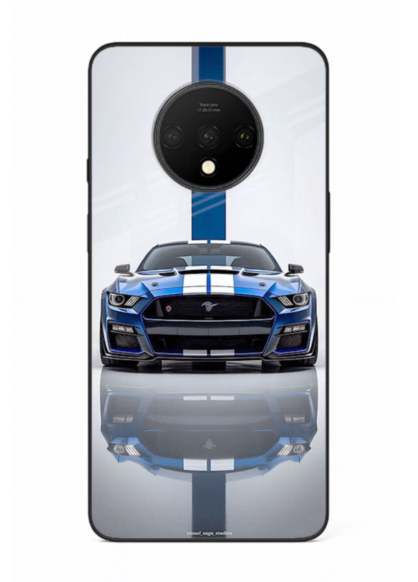 Blue Ford Mustang GT in minimal studio setup with performance styling for OnePlus 7T