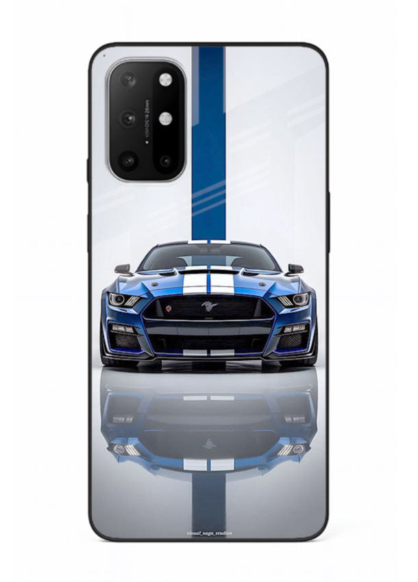 Blue Ford Mustang GT in minimal studio setup with performance styling for OnePlus 8T