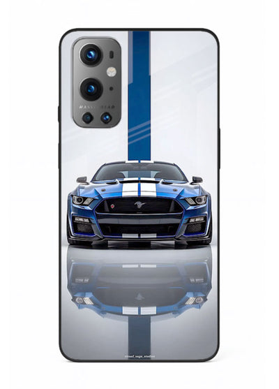 Blue Ford Mustang GT in minimal studio setup with performance styling for OnePlus 9