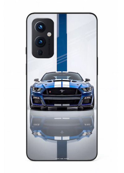 Blue Ford Mustang GT in minimal studio setup with performance styling for OnePlus 9 Pro