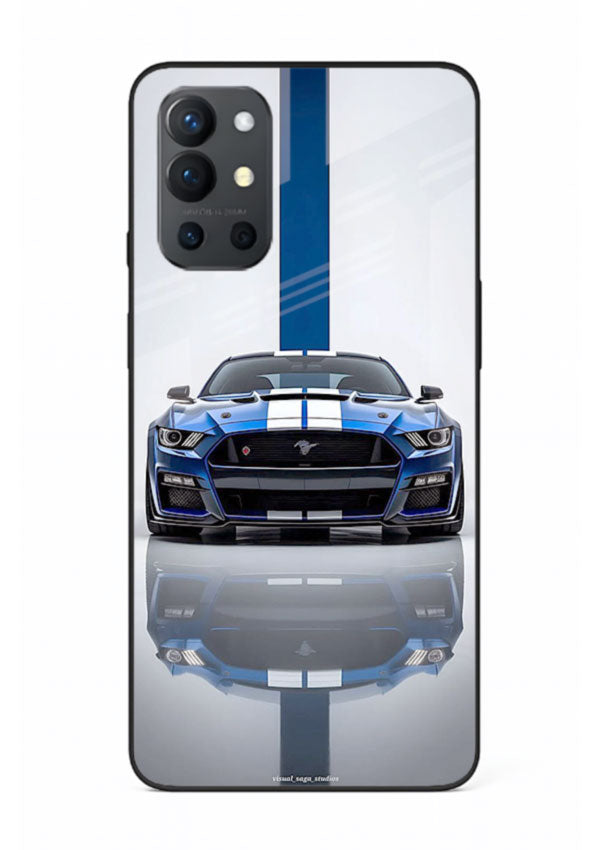 Blue Ford Mustang GT in minimal studio setup with performance styling for OnePlus 9R