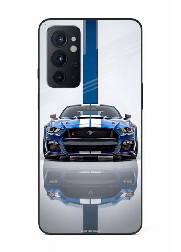 Blue Ford Mustang GT in minimal studio setup with performance styling for OnePlus 9RT