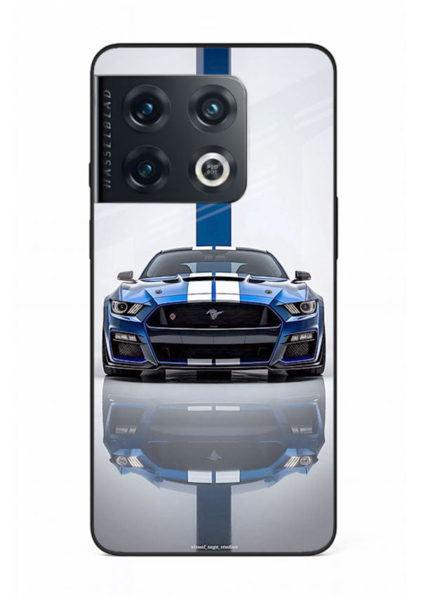 Blue Ford Mustang GT in minimal studio setup with performance styling for OnePlus 10 Pro