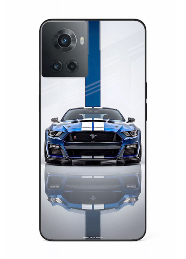 Blue Ford Mustang GT in minimal studio setup with performance styling for OnePlus 10R