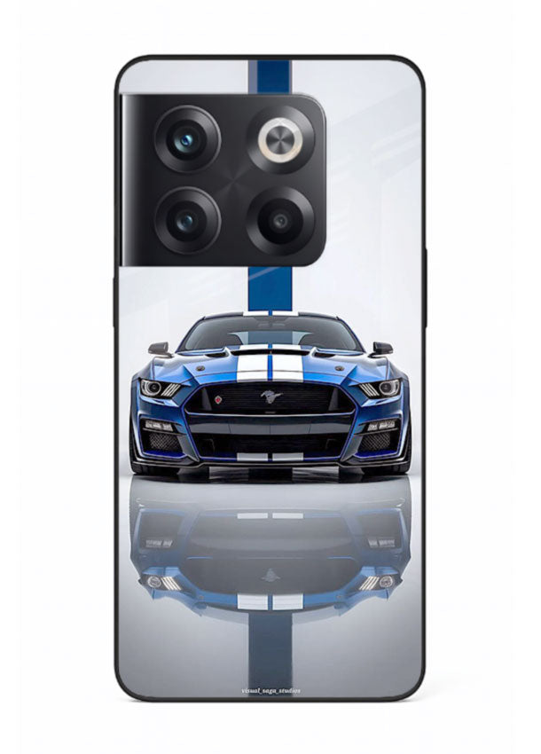 Blue Ford Mustang GT in minimal studio setup with performance styling for OnePlus 10T