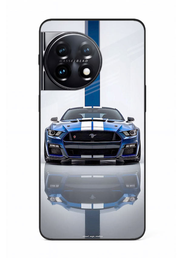 Blue Ford Mustang GT in minimal studio setup with performance styling for OnePlus 11R