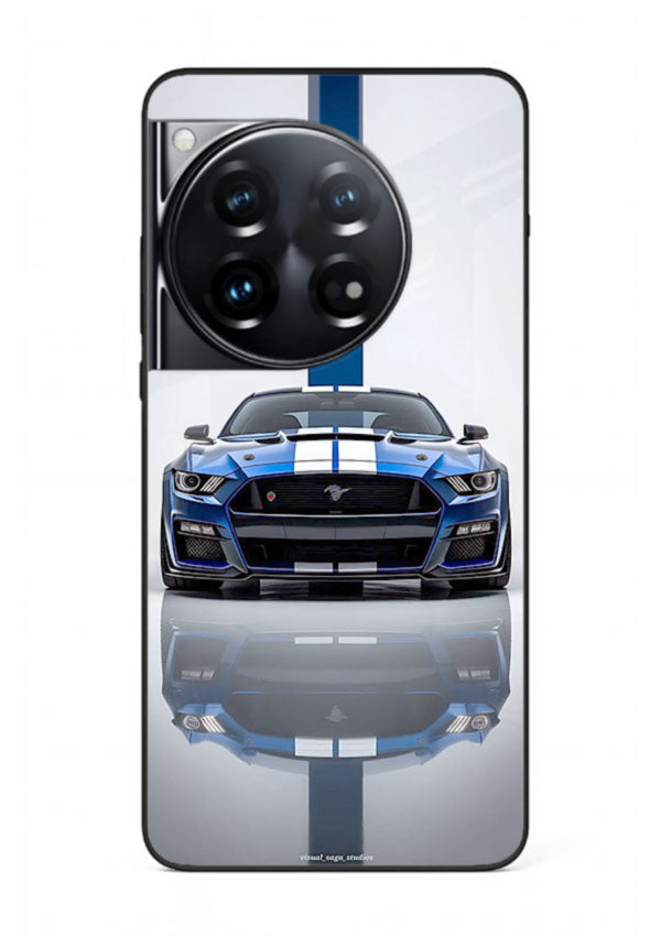Blue Ford Mustang GT in minimal studio setup with performance styling for OnePlus 12