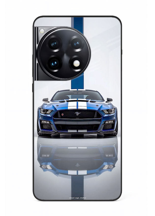 Blue Ford Mustang GT in minimal studio setup with performance styling for OnePlus 12R