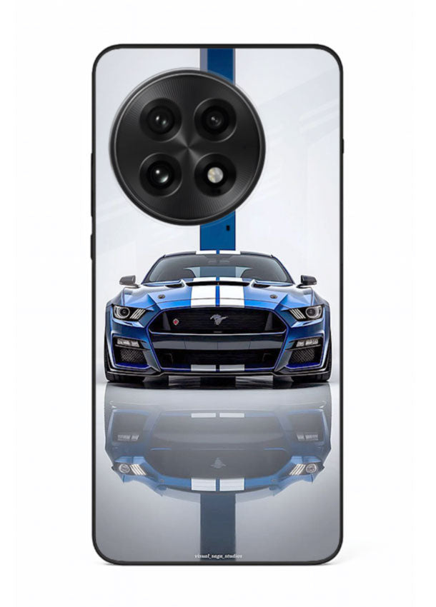 Blue Ford Mustang GT in minimal studio setup with performance styling for OnePlus 13