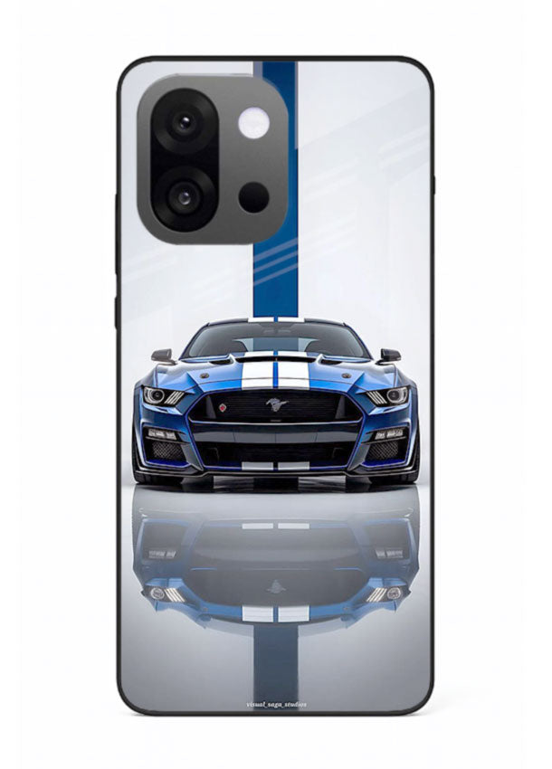 Blue Ford Mustang GT in minimal studio setup with performance styling for OnePlus 13s