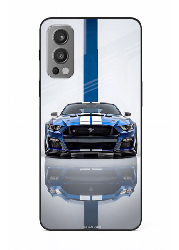 Blue Ford Mustang GT in minimal studio setup with performance styling for OnePlus Nord 2