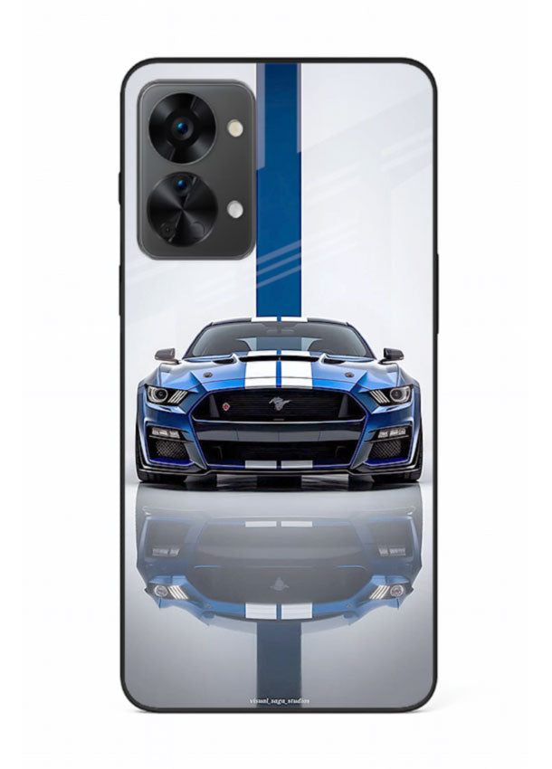 Blue Ford Mustang GT in minimal studio setup with performance styling for OnePlus Nord 2T