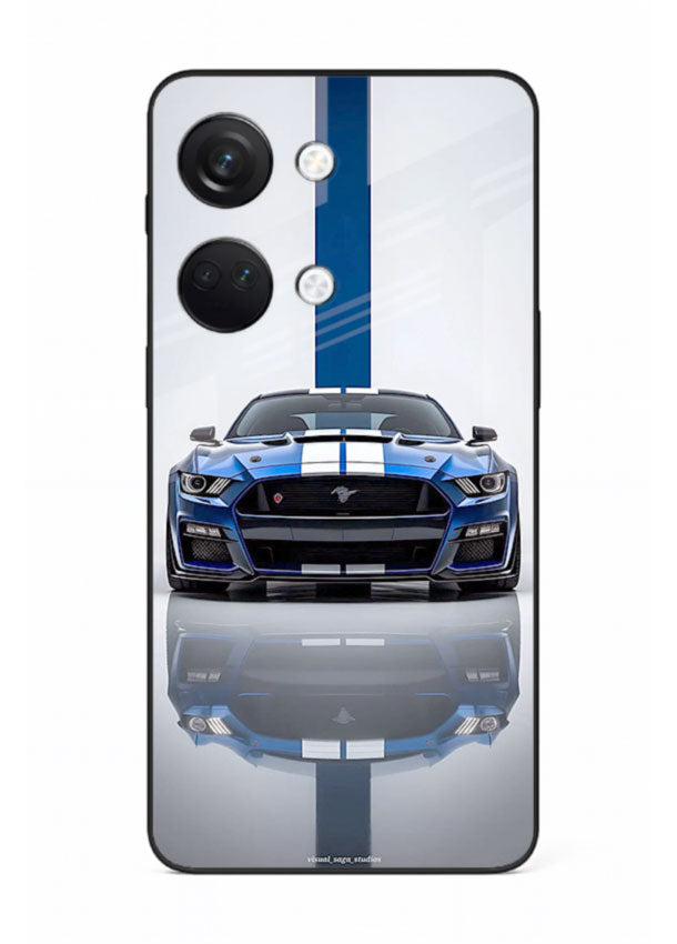Blue Ford Mustang GT in minimal studio setup with performance styling for OnePlus Nord 3