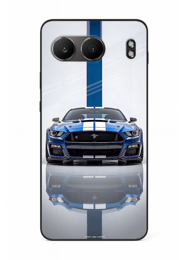 Blue Ford Mustang GT in minimal studio setup with performance styling for OnePlus Nord 4