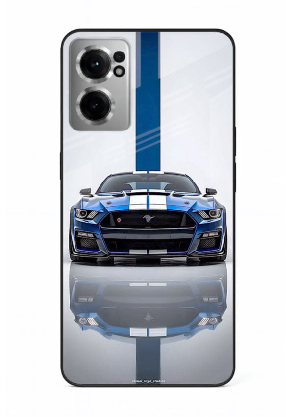 Blue Ford Mustang GT in minimal studio setup with performance styling for OnePlus Nord CE2 5G