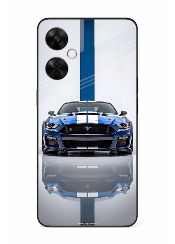 Blue Ford Mustang GT in minimal studio setup with performance styling for OnePlus Nord CE3 Lite