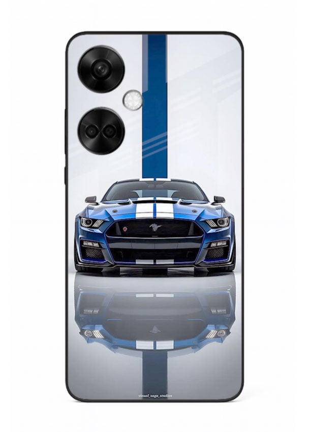 Blue Ford Mustang GT in minimal studio setup with performance styling for OnePlus Nord CE3