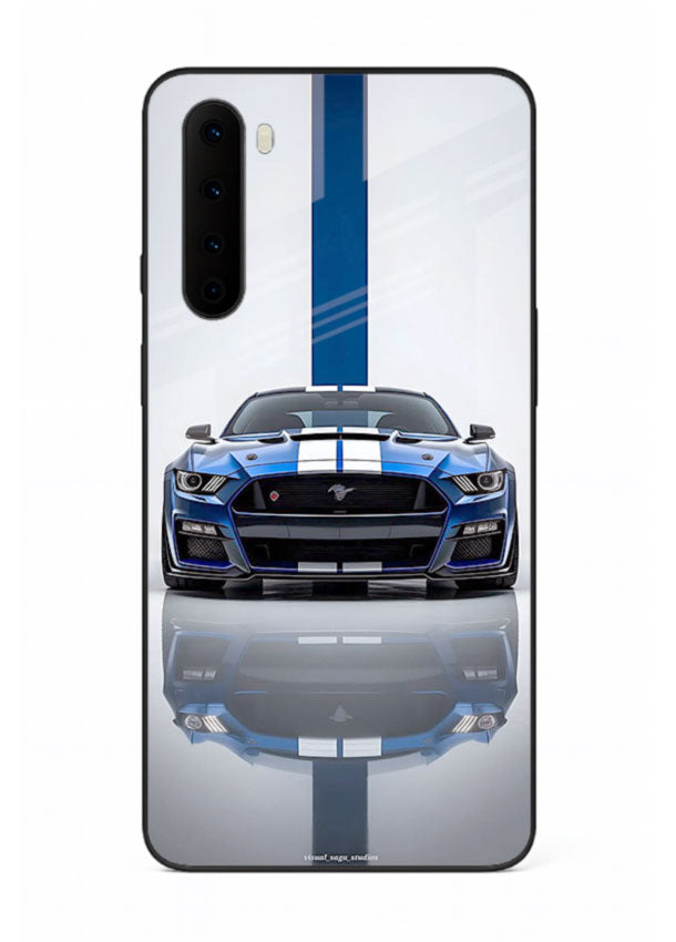Blue Ford Mustang GT in minimal studio setup with performance styling for OnePlus Nord