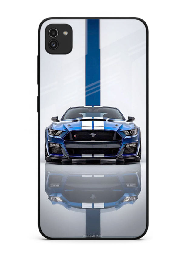 Blue Ford Mustang GT in minimal studio setup with performance styling for Samsung A03